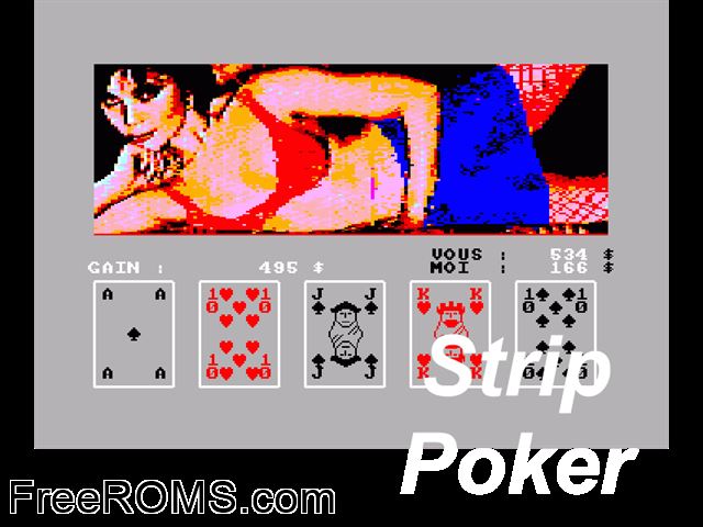 Strip Poker (F) (1985) [T-English] Amstrad CPC game showing 3D box cover and gameplay screenshot